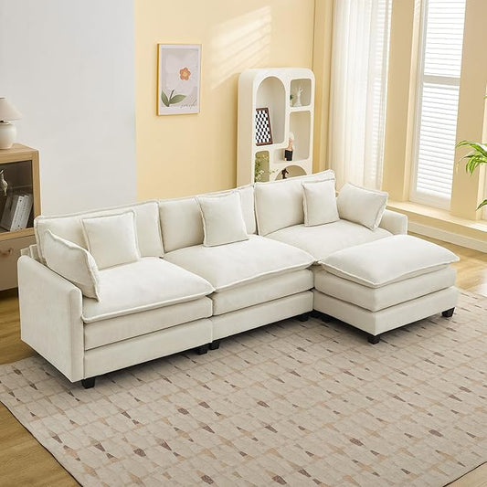 111'' Sectional Cloud Deep Seat Couch, Modern Comfy Chenille L Shaped Sectional Sofa for Living Room Set, Upholstered Modular 4-Seats Sofa Couch with Movable Ottoman, Beige