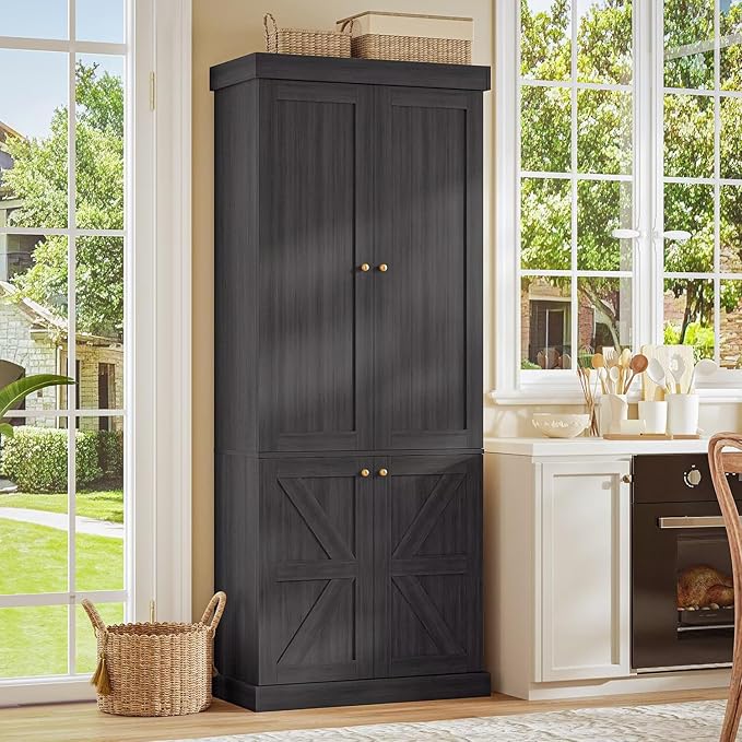 Vyre 70.8" Tall Bookshelf with Doors, Farmhouse Modular Bookcase with 4-Tier Adjustable Shelves, Large Storage Cabinet for Home Office, Living Room, Black