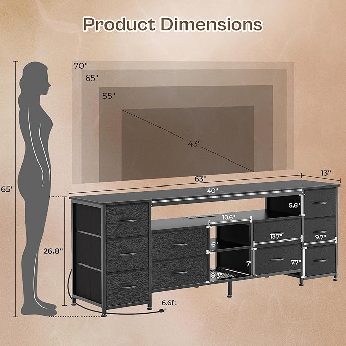 Huuger 63 Inch LED TV Stand Dresser with Power Outlets, USB-C Port and LED Lights, 10 Fabric Drawer Dresser for Bedroom, Long Entertainment Center for 65, 70 Inch TV, Open Shelves, PU Leather, Black