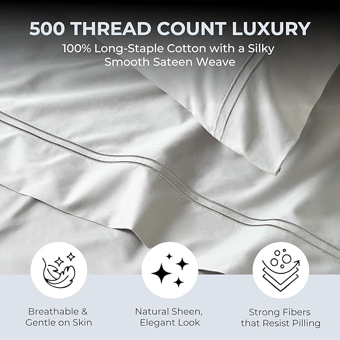 100% Natural Cotton Bed Sheets | 500 TC Single-Ply Sateen Weave Full Size Sheets | Soft, Breathable, Hypoallergenic Solid 4-Piece Bedding with Deep Pocket Fitted, Flat, Pillowcase | Grey