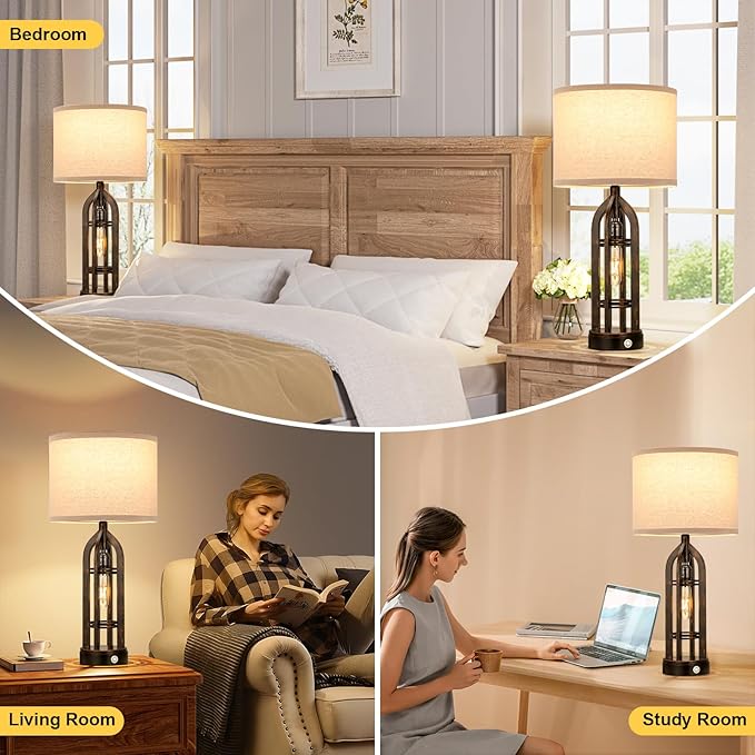 Seealle Table Lamp for Living Room Set of 2 - Copper Bedside Lamp for Bedroom with USB C+A & Outlet, Farmhouse Lamps for Night Stands, 3-Way Dimmable Touch Lamps for Living Room