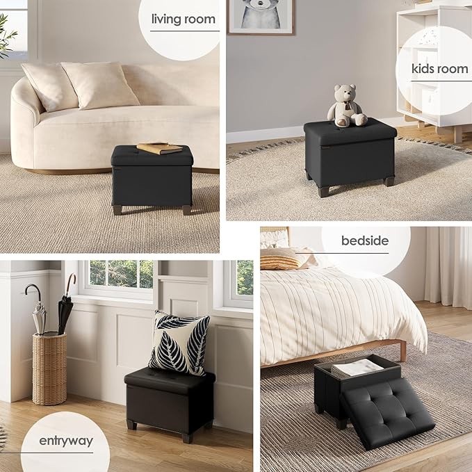 STORAGEBUD Storage Ottoman Cube with Small Bin, 16-in Square Ottoman with Storage for Living Room and Bedroom, Small Ottomans Foot Rest, Faux Leather Foot Stools Ottomans Max 330lbs, Black
