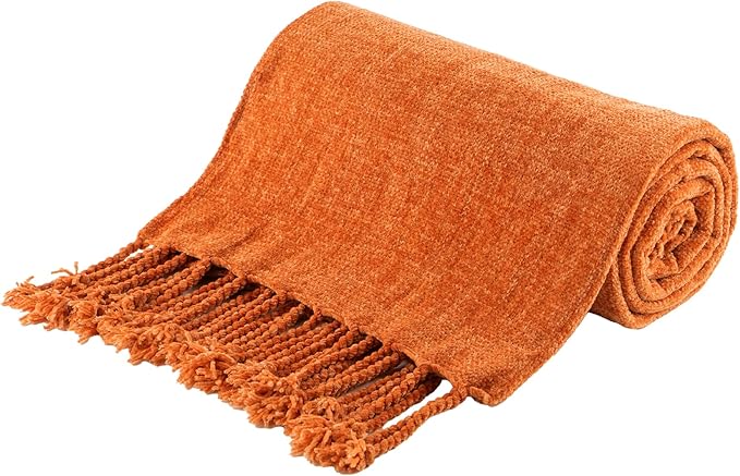 BATTILO HOME Burnt Orange Throw Blanket for Couch, Decorative Fringe Velvety Orange Throw Blanket for Bed, Fall Decor Blankets & Throws, 50"x60"