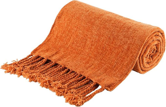 BATTILO HOME Burnt Orange Throw Blanket for Couch, Decorative Fringe Velvety Orange Throw Blanket for Bed, Fall Decor Blankets & Throws, 50"x60"