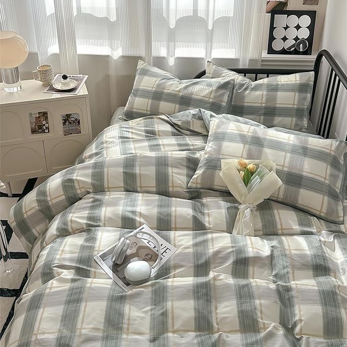 mixinni Full Comforter Set Green Geometric Checkered Plaid Bedding Comforter Set Men Boys Modern Style All Season Soft Fluffy Lightweight Bedding Set-Full Size