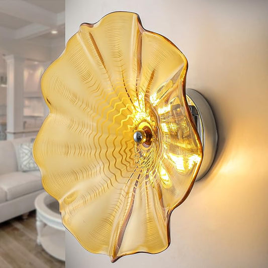 Hand Blown Glass Plate Wall Decor, Modern Unique Glass Wall Art, Lotus Leaf Plate Shape Wall Sconce with Transparent and Easy to Clean for Staircase, Living Room, Kitchen, Hallway (Yellow-1)