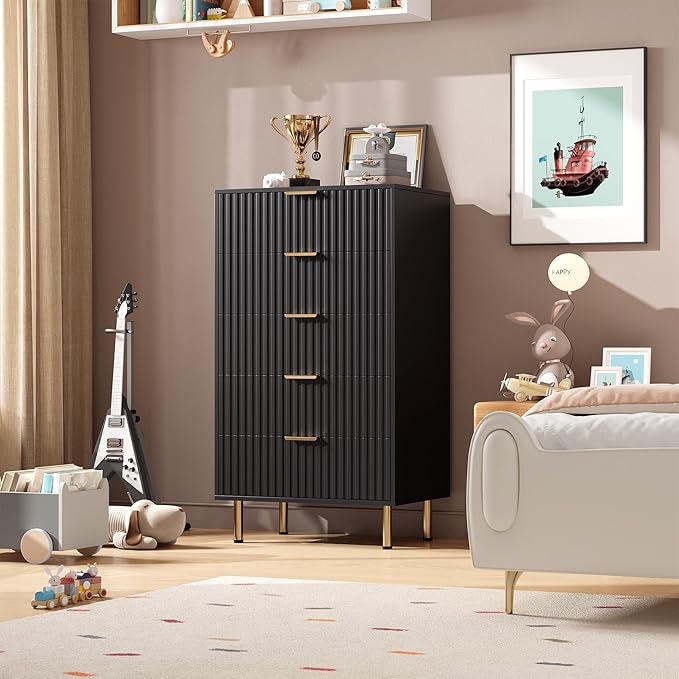 5 Drawer Dresser for Bedroom, 48" Tall Modern Chest of Drawers with Deep Drawers and Wide Top, Fluted Wooden Dresser Organizer for Living Room, Hallway, Kids Room, Black