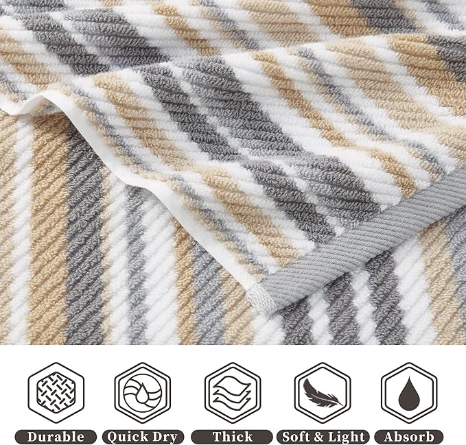 VOOVA & MOVAS Cotton Towels Set of 6, 6PC Striped Towels - 100% Cotton & Quick Dry - Lightweight Washcloth 13"x13", Soft Towel Set for Guest, Luxury Towel Gift, Gray + Beige