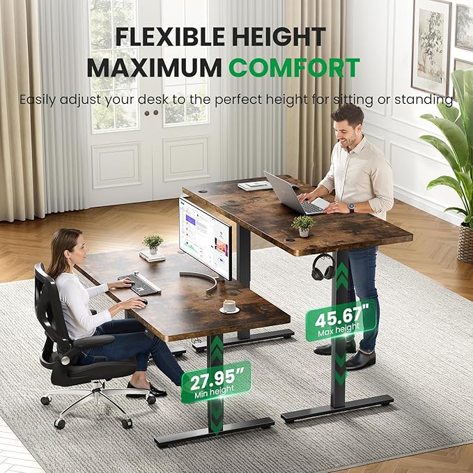 SIAGO Electric Standing Desk Adjustable - 63x30 Inch Sit Stand Desk with 1 Inch Thick Tabletop, Double Beam Frame, 3 Memory Height Adjustment, Cable Management for Home Office