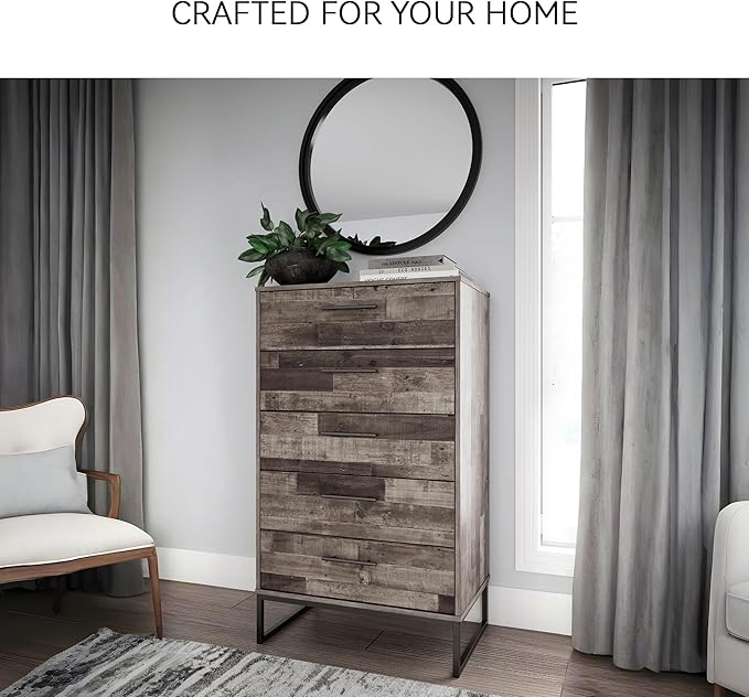 Signature Design by Ashley Neilsville Industrial 5 Drawer Chest of Drawers with Smooth-Gliding Drawers and Safety Stop, Gray