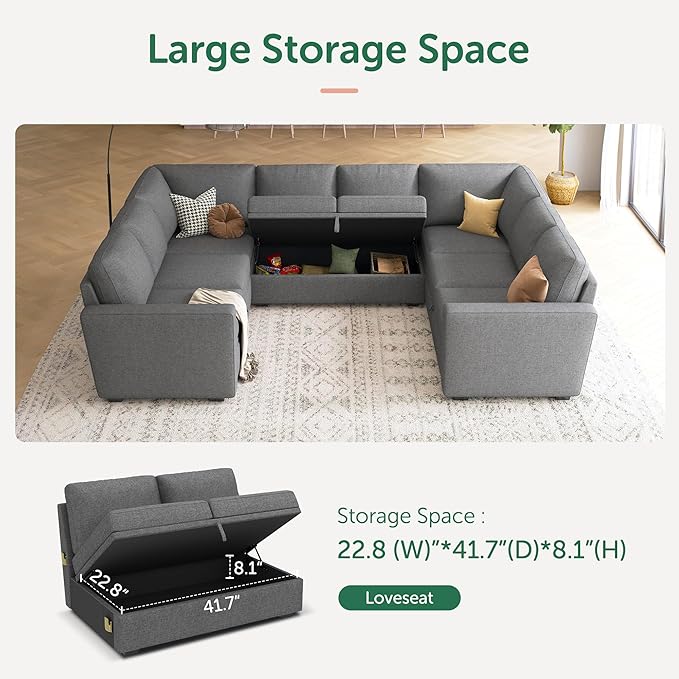 HONBAY Sleeper Sectional Couch with Pull Out Bed, Modular Sleeper Sofa with Storage, U Shaped Sectional Couches for Living Room, Dark Grey