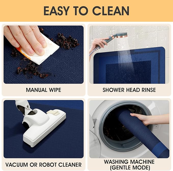 ACCUMTEK Ultra Thin Bath Mats Fit Under Door 3 Piece, Upgrade Backing Non Slip Bath Mat, Quick Dry Absorbent Bath Mat, Machine Washable Bathroom Rugs for Bathroom Floor, Bathtub, Kitchen, Dark Blue