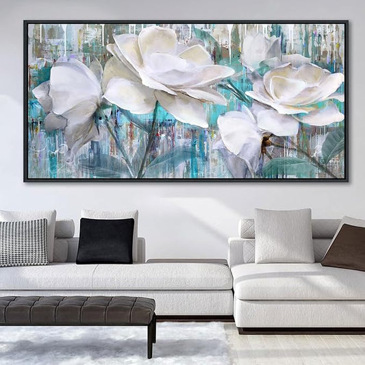 Large Flower Pictures Wall Art White Floral Modern Painting Wall Decor for Living Room Framed Artwork for Walls Bedroom Wall Decor Above Bed 20×40IN