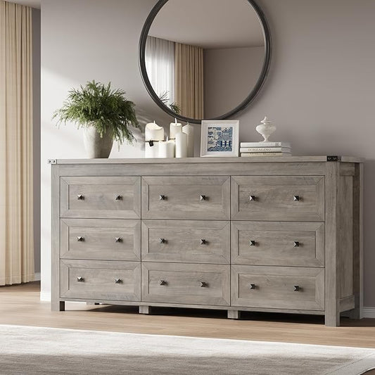 9-Drawer Dresser, Modern Wooden Storage Chest of Drawers, Dresser TV Stand, Wood Drawer Organizer with Metal Handles for Bedroom, Living Room, Hallway