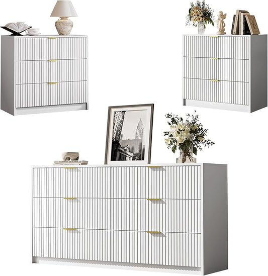 3-Piece Dresser Bedroom Set, 6 Drawer Dresser & 3 Drawer Nightstands with Gold Handles, Fluted Wood Chest of Drawers for Bedroom, Living Room, Entryway, White