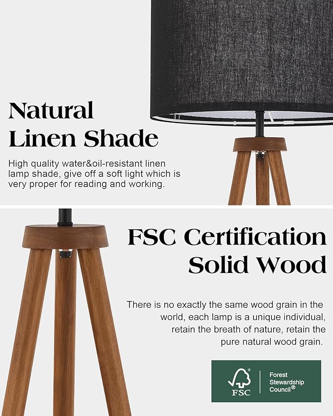 ELYONA Wood Tripod Floor Lamp, Modern Standing Lamp with Black Drum Linen Shade & 3 Color Temperatures LED Bulb, Industrial Tall Reading Lamp for Office Living Room Bedroom, ETL Listed Walnut & Black