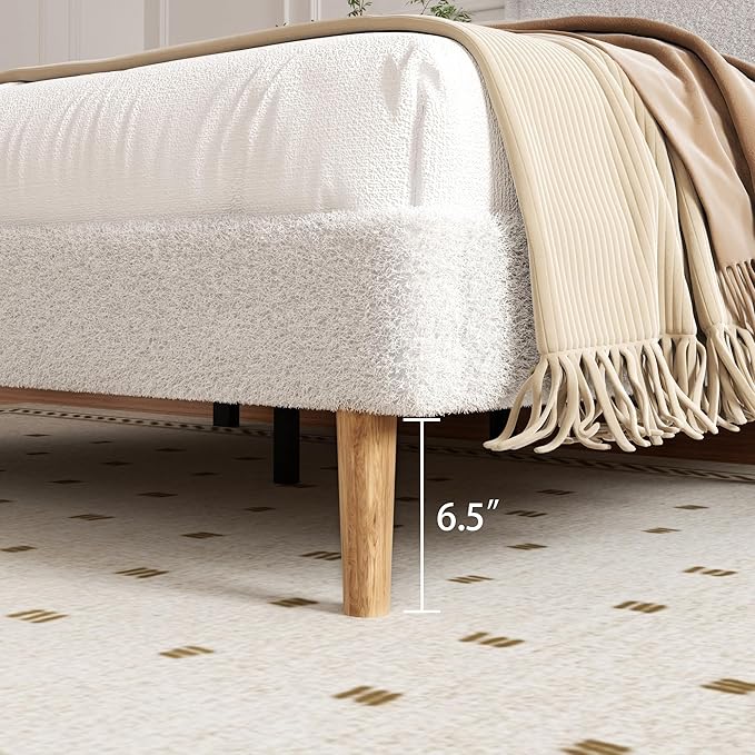 Full Size Boucle Platform Bed Frame, Anti-Collision Soft Rounded Corners, Adjustable Headboard, No Box Spring Needed, Easy Assembly, Noise Free, White