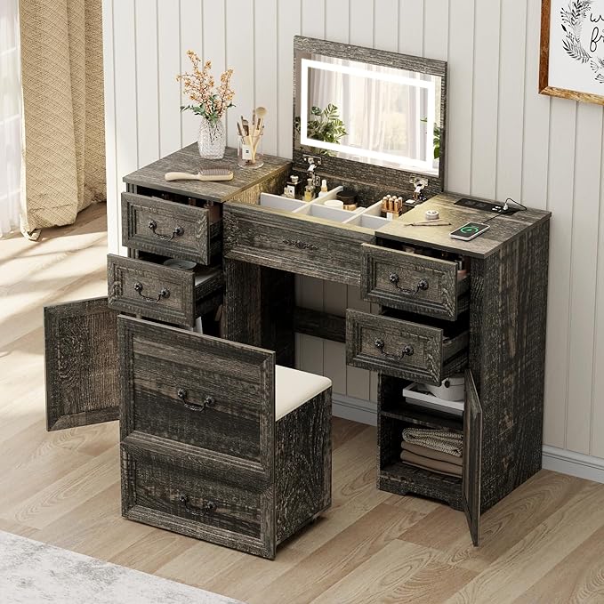 Farmhouse Vanity Desk with Flip up Vanity Mirror and Lights,Rustic Makeup Vanity with Charging Station and Hidden Drawer,Vanity Table Set with Drawers/6-Compartment/Cabinets, Rustic Oak