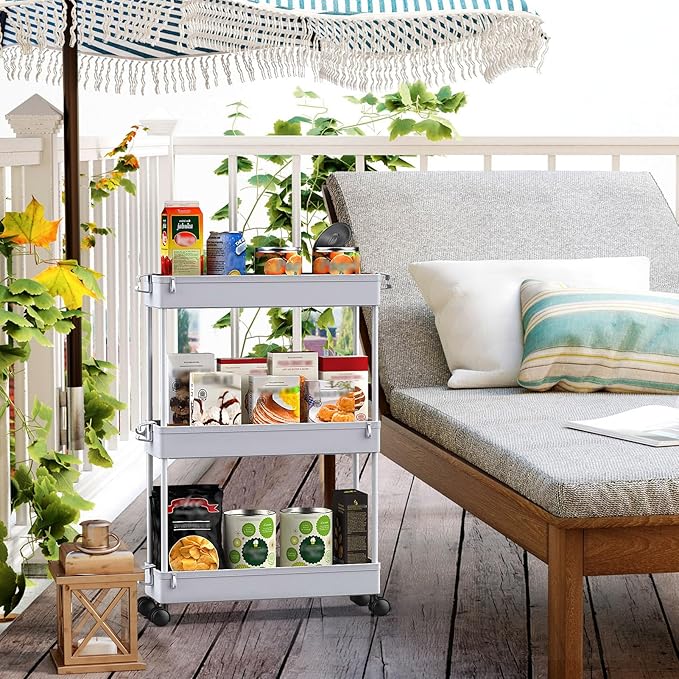 SPACEKEEPER Slim Rolling Storage Cart, 3 Tier Storage Organizer Laundry Room Organizer Mobile Shelving Unit, Multi-Purpose for Kitchen Office Bathroom Laundry Narrow Places, Gray