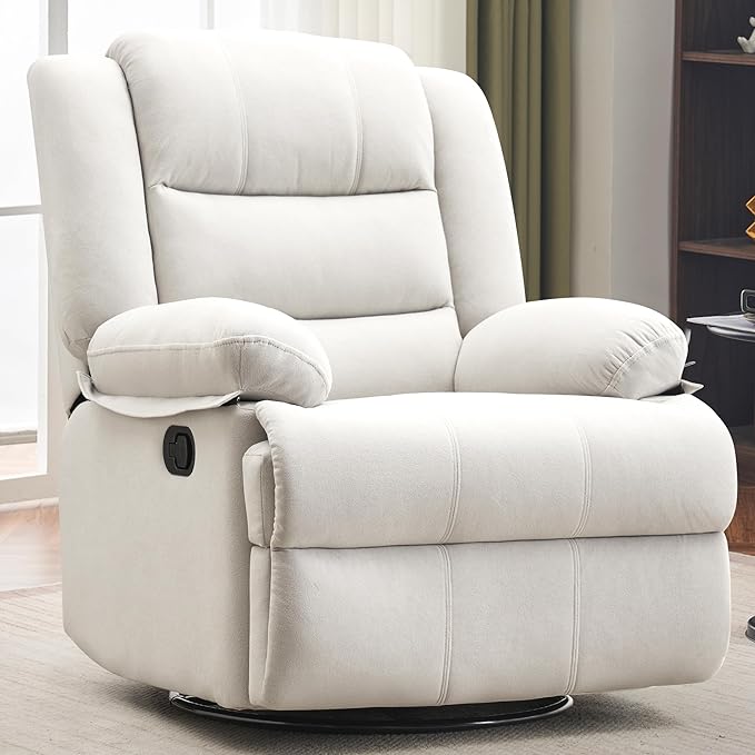 Swivel Rocking Recliner Chair for Adults, Overstuffed Manual Rocker Nursery Recliner Glider, Upholstered Fabric Reclining Single Sofa Chair for Living Room (Beige)