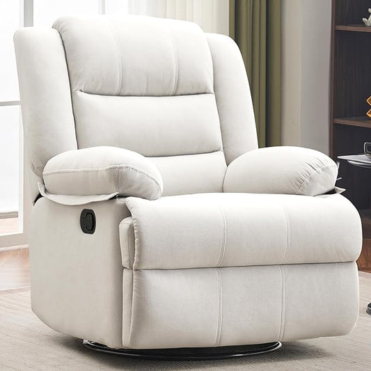 Swivel Rocking Recliner Chair for Adults, Overstuffed Manual Rocker Nursery Recliner Glider, Upholstered Fabric Reclining Single Sofa Chair for Living Room (Beige)
