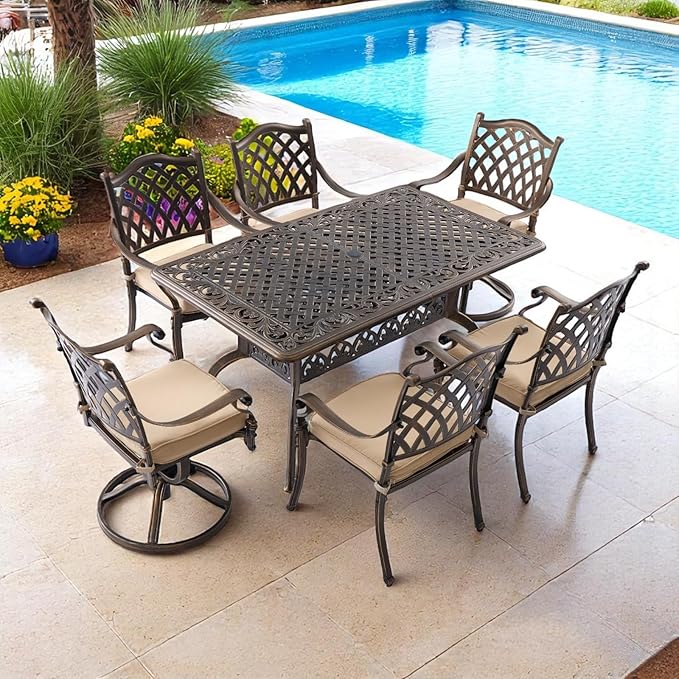 7 Piece Outdoor Dining Set Cast Aluminum, Retro Patio Dining Furniture Set for 6 Includes 59” Rectangular Table 2 Swivel Chairs with Thicker Cushions and Umbrella Hole for Patio Deck Garden