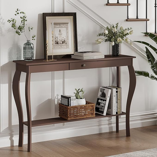 ChooChoo 47 Inch Narrow Console Table with Drawer, Chic Accent Sofa Entryway Table with Shelves for Entryway, Living Room, Hallway, Espresso