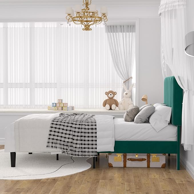VECELO Twin Size Bed Frame with Upholstered Headboard, Velvet Platform Bedframe Mattress Foundation, Strong Wood Slat Support, No Box Spring Needed,Green
