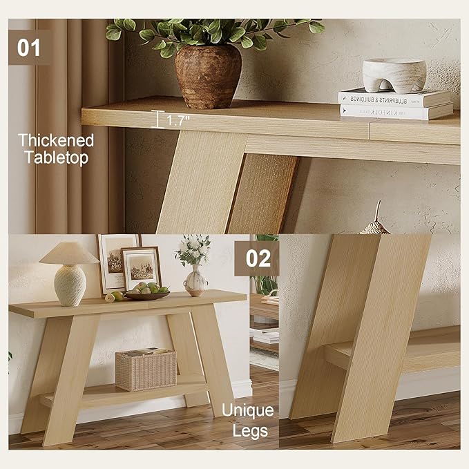Treocho 63 Inch Long Console Tables for Entryway, 2-Tier Modern Wood Sofa Table with Shelf Behind Couch, Contemporary Narrow Entryway Table for Living Room, Hallway, Entrance, Hallway, Entrance, Oak
