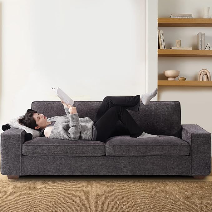 EASELAND 89" Modern Sofa Couch for Living Room, Chenille Sofa with Wide Armrest,3 Seater Deep Seat Loveseat with Removable Cover Easy to Install(Dark Grey)