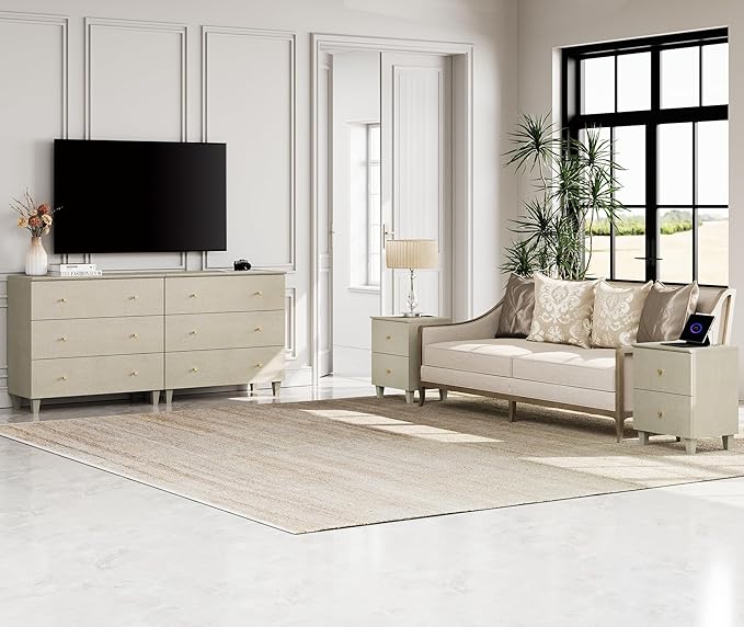 WAMPAT TV Stand Dresser for 75+ Inches TVs, 2-in-1 Wood Media Console Table with 6 Drawers, Modern Highboy Entertainment Center with Storage for Living Room Bedroom, Beige Linen