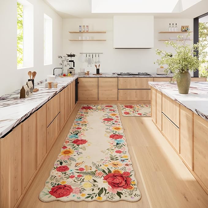 Hallway Rug 2'6''x10' Long Washable Floral Hallway Runner Rug Boho Vintage Low Pile Carpet for Entryway, Laundry Room High Traffic Areas, Indoor Rug for Bathroom (Beige