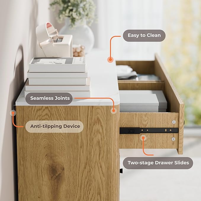 Fluted 6 Drawers Dresser for Bedroom, 54" Wide Modern Chest of Drawers with Faux Marble Top, Curved Profile Design, Solid Wood Legs, Wodden Dresser TV Stand, Storage Organizer for Bedroom,Oak