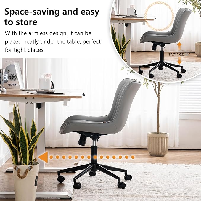 YOUNIKE Grey Home Office Desk Chair with Wheels Comfy Armless Vanity Chair with Back Modern Leather Upholstered Rolling Computer Task Chair Small Cute Drafting Sewing Chair Swivel Adjustable Ergonomic