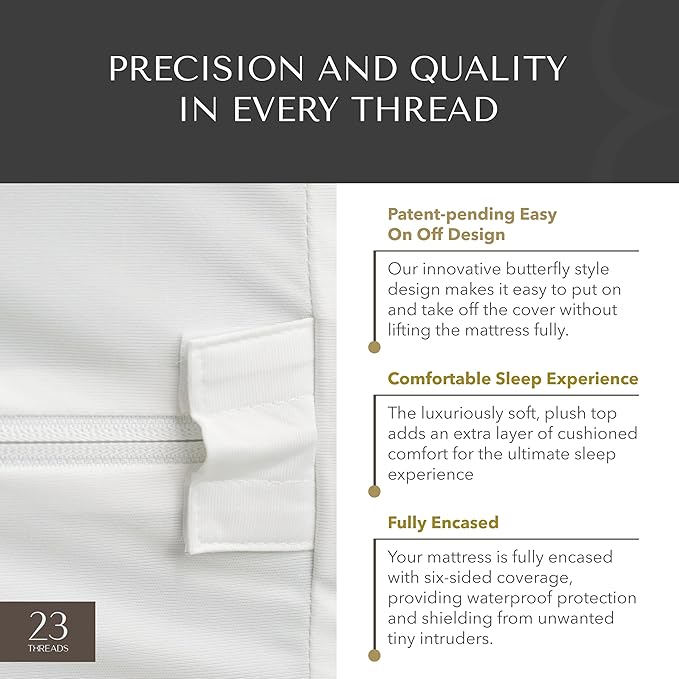 23 Threads X162 Series Soft Plush Waterproof Noiseless Mattress Encasement, Zippered Protector Cover, Washable, with Ctrl+Z Technology, 12 Inch Deep, FullXL