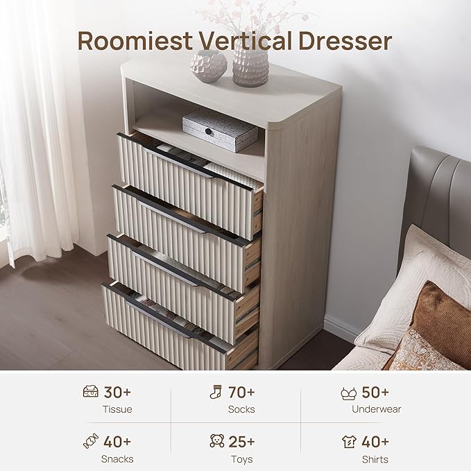 SICOTAS Dresser for Bedroom - Tall Dressers & Chests of Drawers with 4 Drawers Large Modern Dresser for Closet Fluted Wide TV Stand Clothes Closet Storage for Bedroom Hallway Entryway, White Alder