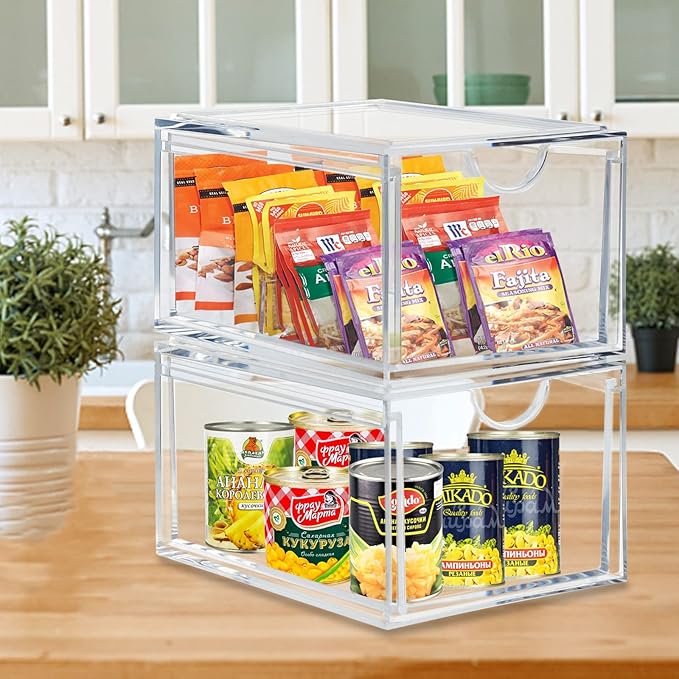 2 Pack Stackable Cosmetic Organizer Drawers, Clear Acrylic Makeup Storage Organizer Box, Plastic Storage Bins Vanity Container for Bathroom Countertop, Bedroom Dresser, Kitchen Cabinets