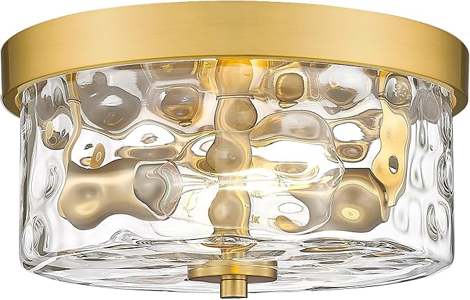 Emak Modern Brushed Gold Ceiling Light, 2-Light Ceiling Lights with Hammered Glass Shade, 11 Inch Flush Mount Light Fixture for Bedroom, Bathroom, Hallway, Kitchen, FM082-GD-HG