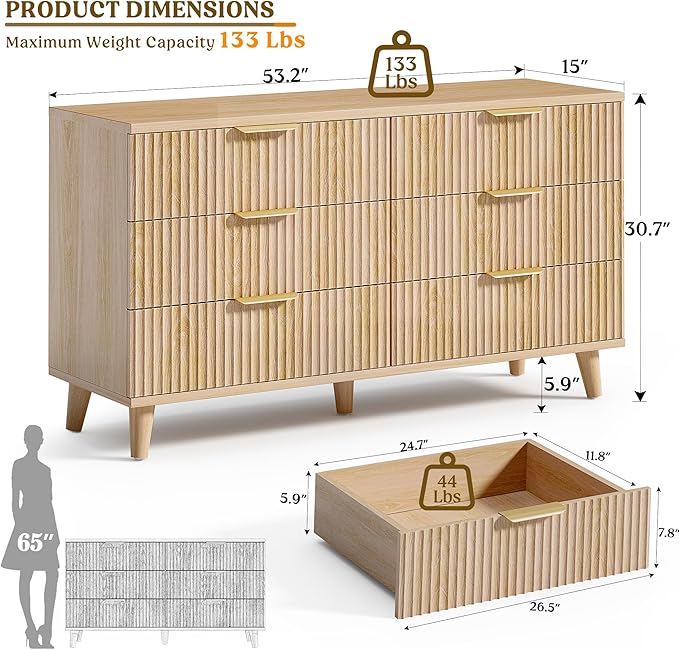 Lulive Dresser for Bedroom Wood Dressers Chest of Drawers, Fluted 53.2" Wide Modern Long Dresser TV Stand 6 Drawers for Bedroom, Closet, Living Room, Hallway (Natural)