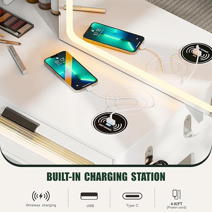 Vanity Desk with Sliding Vanity Mirror and RGB Lights,Makeup Vanity Desk with Charging Station,LED Vanity Table with Hidden Storage,Dressing Table Set with Stool&5 Drawers for Bedroom,White