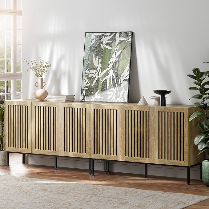 Farmhouse TV Stand for TVs up to 100 inch, 2 in 1 Entertainment Center TV Console with Storage Cabinets and Metal Base,Media Console for Living Room,Oak