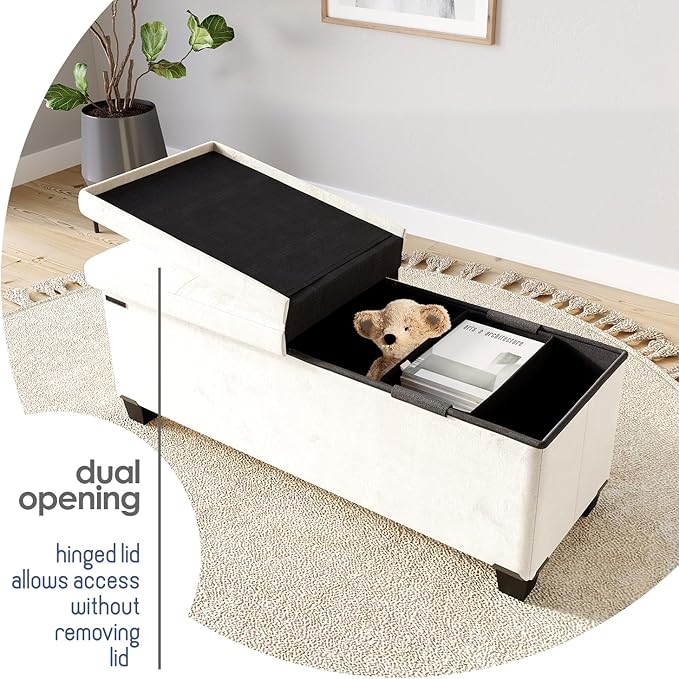 STORAGEBUD Storage Ottoman Bench with Bins, 43-in Storage Bench for Bedroom End of Bed, Folding Foot Rest Ottoman for Living Room Max 660lbs, Velvet Ottomans, Cream
