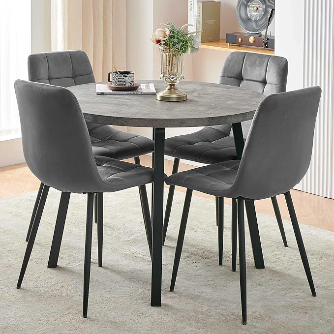 Modern 4-Person Round Dining Table Set, Space-Saving for Kitchen, Living Room, Apartment, Includes Dining Table & 4 Grey Chairs,Small Dining Room Set for 4