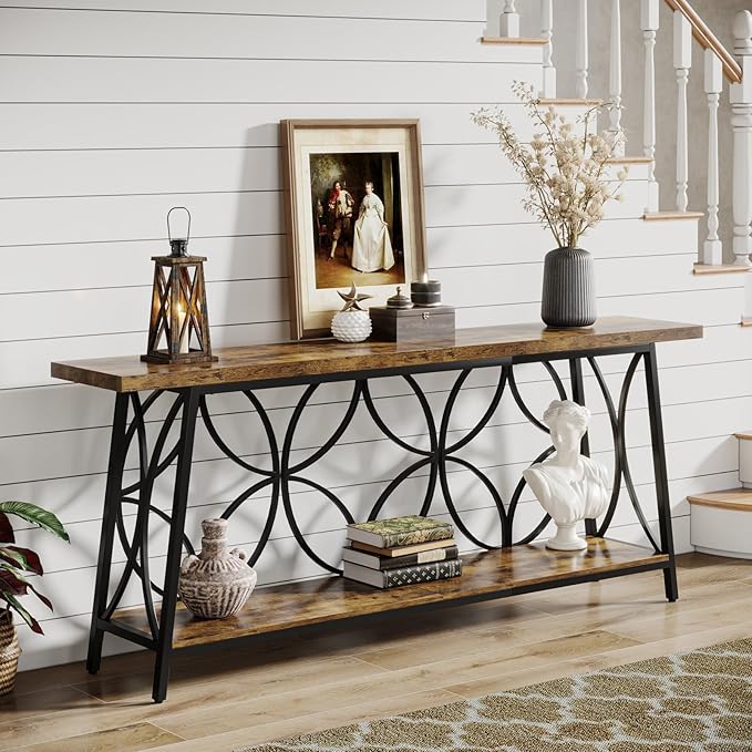 70.9-Inch Sofa Table, 2-Tier Narrow Console Table with Storage for Living Room, Entryway, Hallway, Foryer, Geometric Pattern Design (Rustic Brown)