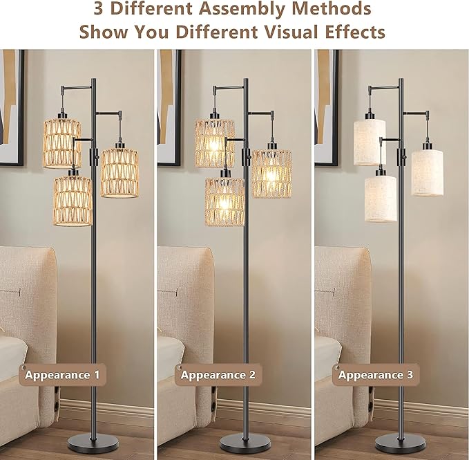 Boho Floor Lamp for Living Room Bedroom-3 Light Dimmable Floor Lamp with Three Led Bulb, Rustic Tall Lamp Black Standing Lamp Tree Floor Lamps for Living Room Bedroom,Office,Corner