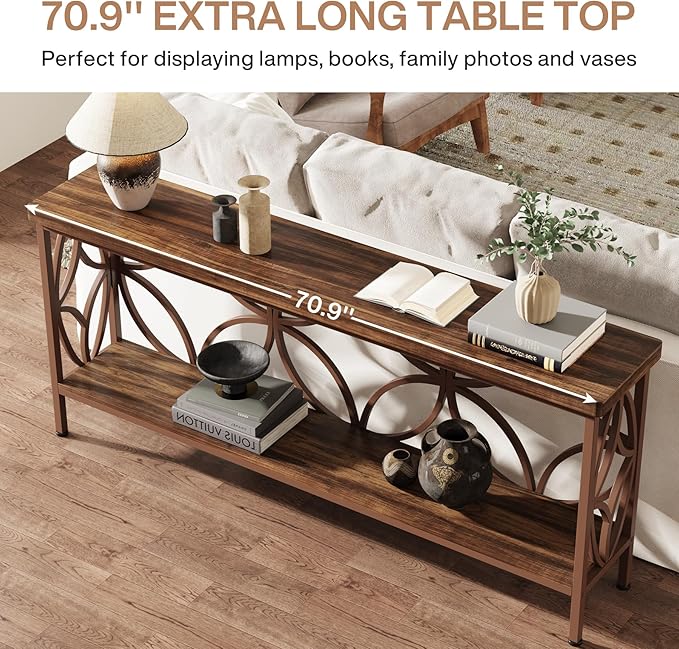 Tribesigns 70.9-Inch Narrow Sofa Table, Industrial Long Sofa Table Behind Couch, Entry Console Table with Storage for Entryway, Living Room, Foyer, Unique Design, Brown Matte
