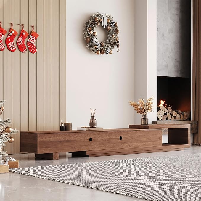 Mid Century Modern TV Stand for 75+ Inch TVs, Extendable Media Console (78"-103") with Ample Storage - Sleek Walnut Entertainment Center for Living Room