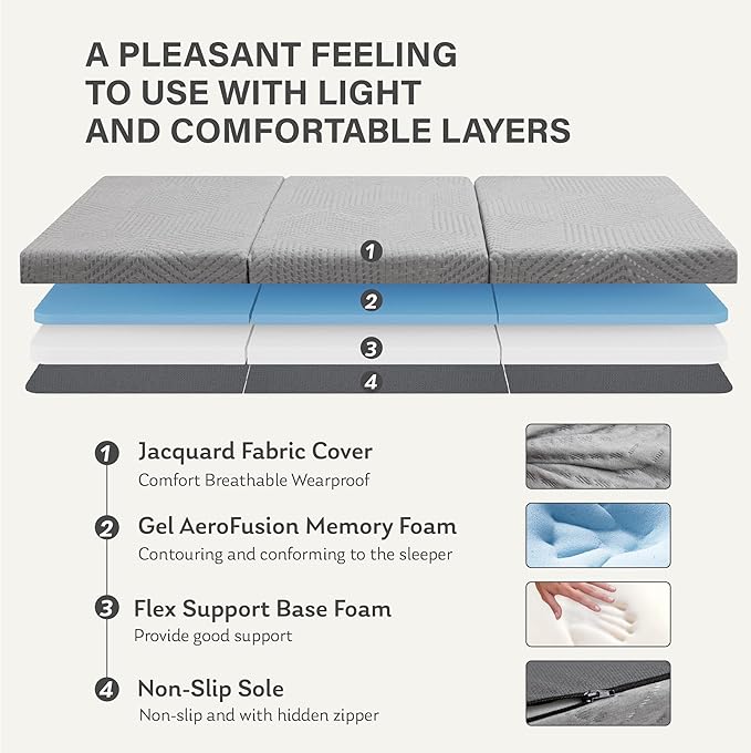 MLILY Tri-Fold Memory Foam Mattress, 4 inch Queen Folding Mattress with Collapsible and Washable Cover, Travel and Guest Mat, 80"×60"×4", Grey