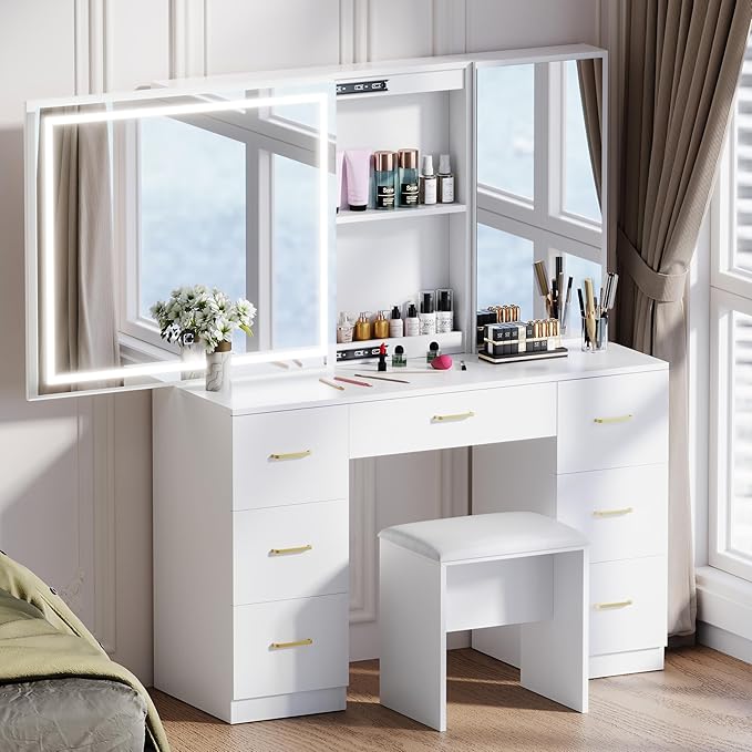 Vanity Desk with Lighted Mirror, Makeup Vanity with Sliding Jewelry Storage & Cabinet, White Vanity Set with Adjustable Brightness, Dressing Table with 7 Drawers (Jewelry Storage & Stool)