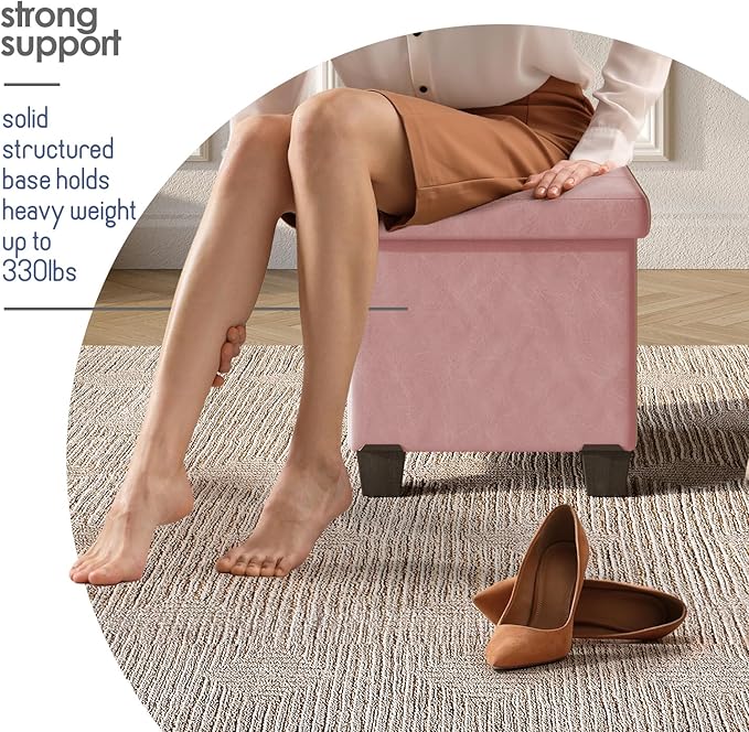 STORAGEBUD Storage Ottoman Cube with Small Bin, 16-in Square Ottoman with Storage for Living Room and Bedroom, Small Ottomans Foot Rest, Faux Leather Foot Stools Ottomans Max 330lbs, Pink